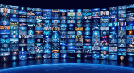An immersive panorama of countless illuminated screens, showcasing a multitude of images and videos, creating a dynamic digital landscape.の素材