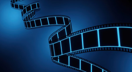 A dynamic, glowing film strip curves and twists against a deep blue, softly lit background, evoking a sense of motion and cinema.の素材