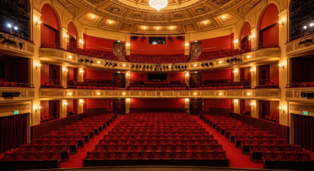 An opulent theater interior with plush red seating, gilded balconies, and a grand ceiling, ready for a performance.の素材
