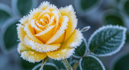 A single yellow rose with frost-covered petals and leaves, showcasing the beauty of winter's touch on nature.の素材