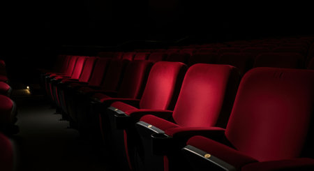 Rows of empty, plush red theater seats are dimly lit, creating an atmospheric and inviting scene in a dark auditorium.の素材