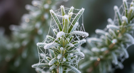 A close-up macro shot of a plant covered in intricate spiderweb, sparkling with frost and ice.の素材