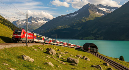 A scenic train journey through the Swiss Alps with a red train, mountains, and a vibrant blue lake.の素材