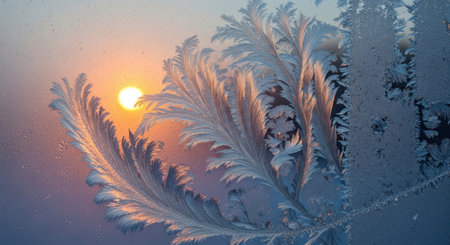 A warm, golden sun peeks through delicate, feathery frost formations on a window, creating a magical winter scene.の素材