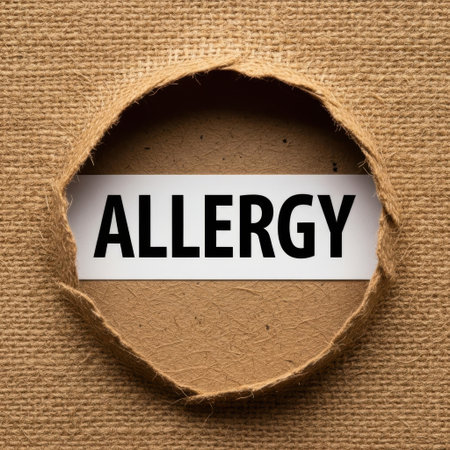 A torn burlap texture reveals a white band with the bold word ALLERGY. This image signifies the impact of allergies and the journey to find relief and understanding.の素材