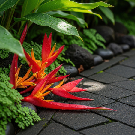 A striking close-up showcases the fiery red and orange petals of a Heliconia flower nestled among verdant foliage. A textured dark slate pathway with smooth dark stones completes this exotic garden scene.の素材