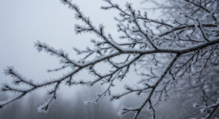 Close-up of an icy tree branch, its intricate patterns of frost sparkling in the soft, overcast light of a winter day.の素材