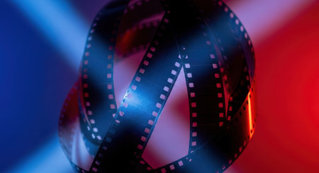 A close-up of a film strip, abstractly lit with red and blue lights, evoking a sense of cinematic drama and nostalgia.の素材