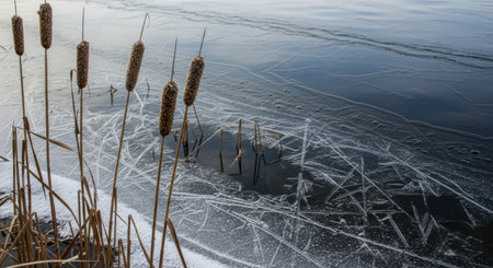 Brown cattails stand tall against a frozen pond, their reflections shimmering on the icy surface.の素材