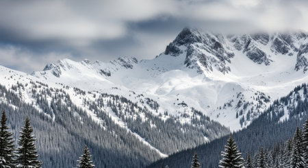 A breathtaking view of snow-capped mountains and evergreen trees under a dramatic, cloudy sky, showcasing the raw beauty of winter.の素材