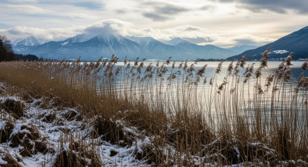A serene winter landscape featuring snow dusted reeds in the foreground, a calm lake, and imposing mountains under a dramatic sky.の素材