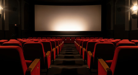 Rows of empty red velvet seats in a dark cinema face a large, illuminated screen, ready for a movie.の素材
