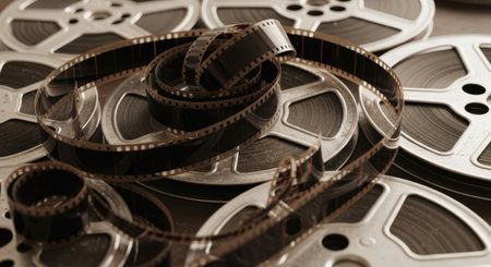 A close-up shot of vintage film reels and loose celluloid film strips, showcasing the texture and detail of old movie formats.の素材