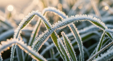 Close-up view of grass covered in frost, illuminated by gentle morning light, showcasing intricate ice formations.の素材