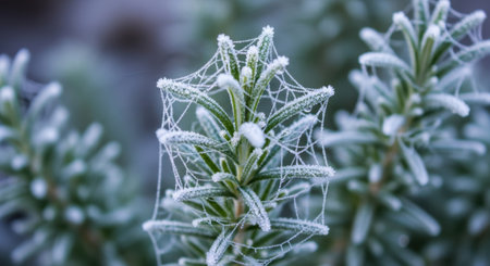 A fine spiderweb, adorned with tiny water droplets, delicately drapes over the green needles of a rosemary plant.の素材