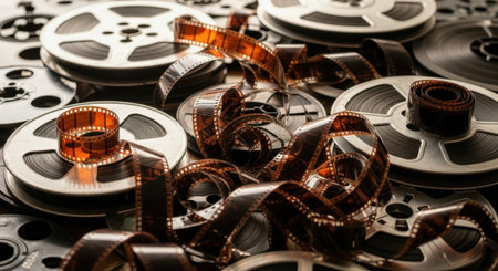 A close-up, overhead view of numerous vintage 8mm film reels and loose film strips creating a textured, nostalgic composition.の素材