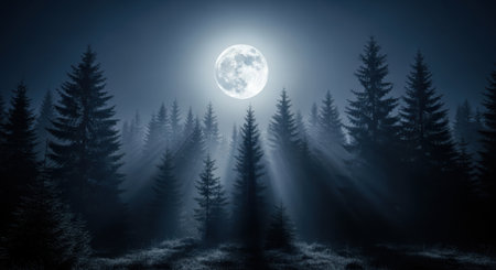 A full moon shines brightly through a thick fog, casting dramatic rays of light onto a dark, mysterious evergreen forest.の素材