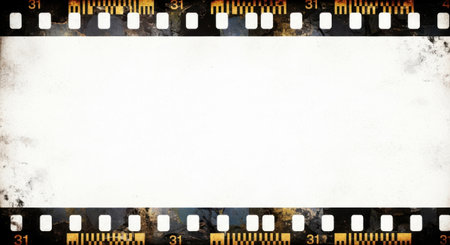 A weathered and textured film strip border frames a blank white space, evoking nostalgia and a retro aesthetic.の素材
