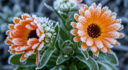 Close-up of vibrant orange calendula flowers covered in delicate frost and glistening water droplets.の素材