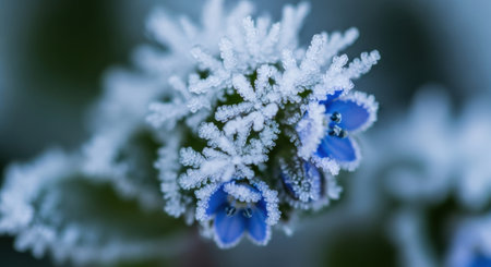 Close-up of tiny blue flowers covered in intricate frost patterns, showcasing the beauty of winter's touch on nature.の素材