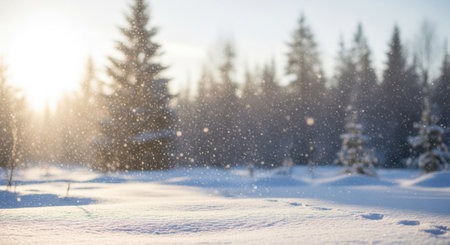 A peaceful winter scene with snow falling in a sunlit forest. Footprints are visible in the snow.の素材