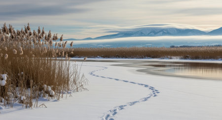 A serene winter scene featuring snow-dusted reeds bordering a partially frozen river with animal tracks leading into the distance.の素材