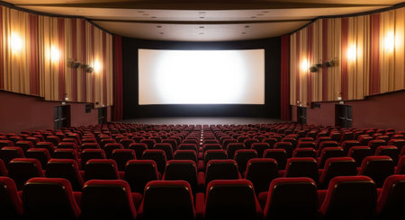 An empty cinema hall with plush red seats facing a large, illuminated screen, ready for a film.の素材