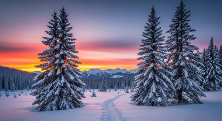 Two snow laden pine trees dominate the foreground with a path leading into a snowy landscape under a breathtaking sunset.の素材