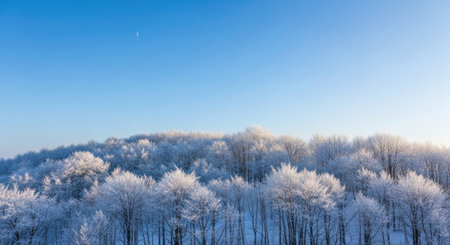 An aerial view of a dense forest blanketed in fresh snow, with bare branches reaching towards a bright, clear sky.の素材