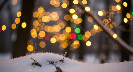 Soft bokeh lights in warm oranges and yellows, with hints of red and green, illuminate a snowy forest floor and bare branches.の素材