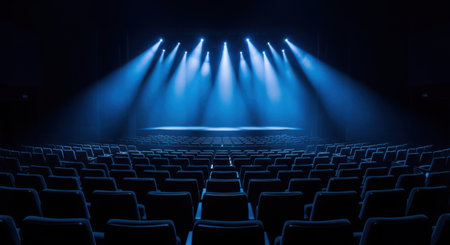 An empty theater stage bathed in bright blue spotlights, with rows of dark, unoccupied seats stretching into the foreground.の素材