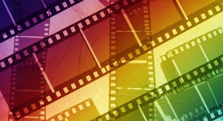 Multiple film strips with perforations are layered and illuminated with a spectrum of vibrant rainbow colors, creating a dynamic visual effect.の素材