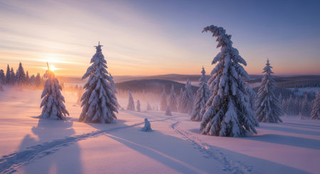 A serene winter scene at dawn with snow-covered trees, mist, and a warm, glowing sky.の素材