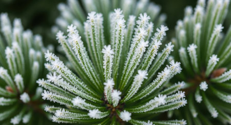 Macro shot of green pine needles adorned with sparkling frost, showcasing winter's icy touch on nature.の素材