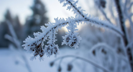 Close up of a frost covered plant branch in a winter landscape with soft focus background.の素材