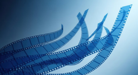 Several blue film strips are captured in motion, creating an abstract and dynamic visual against a soft, gradient background.の素材