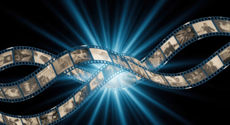 A dynamic, wavy film reel containing numerous small images is illuminated by a powerful, radiant blue light burst against a dark background.の素材