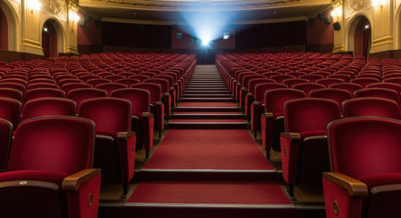 An empty theater with rows of red velvet seats leading to a brightly lit stage, ready for a performance.の素材