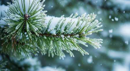 A detailed view of a pine needle branch dusted with snow, with soft snowflakes falling around it.の素材