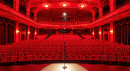 An empty, ornate theater with plush red seating bathed in intense red stage lights, creating a dramatic and atmospheric scene.の素材