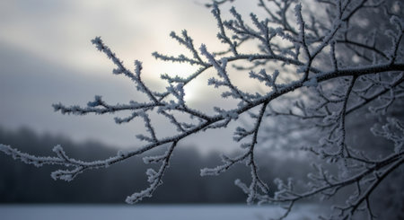 Close-up of frosted tree branches with a muted, atmospheric background of winter landscape.の素材