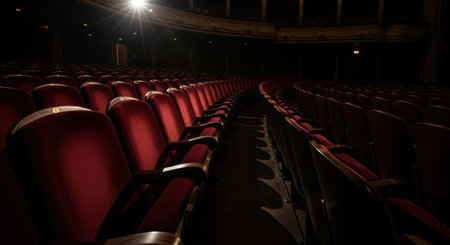 Rows of empty, plush red seats in a dark theater, illuminated by a single spotlight from above.の素材