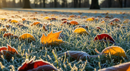 Fallen autumn leaves, adorned with frost, catch the warm glow of the rising sun on a crisp morning.の素材