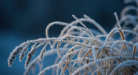 Close-up of dry grass covered in sparkling frost, illuminated by the gentle blue hues of early morning light.の素材