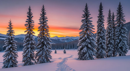 A serene winter scene with snow laden pine trees and a colorful sunset illuminating the snow covered mountains.の素材