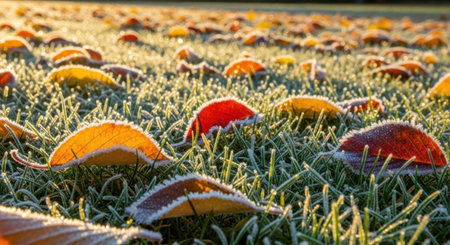 A close-up view of fallen autumn leaves, coated in frost, scattered across a dew-kissed grassy field as the sun rises.の素材