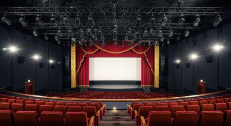 A wide shot of an empty theater stage, featuring a blank white screen, red velvet curtains, and rows of empty red seats.の素材