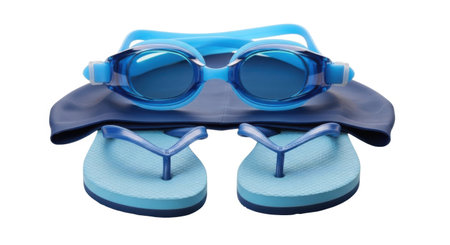 A collection of blue swimming accessories, including goggles, a swim cap, and flip-flops, presented on a clean white background.の素材