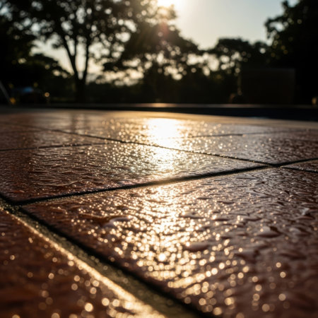 A low-angle view of glistening wet pavement tiles reflecting warm sunlight, with silhouetted trees against a bright sky.の素材