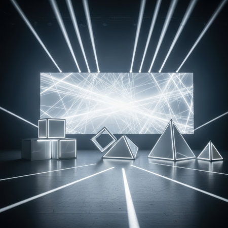 A dark, atmospheric scene featuring various geometric forms bathed in the glow of bright, linear light sources.の素材